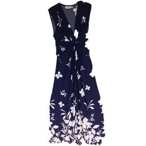 Eliza J Floral Jersey Stretch Maxi Dress Size 10 Sleeveless Tie Waist Blue White
